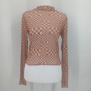 womans size medium brown and cream sheer checkered long sleeve blouse self e